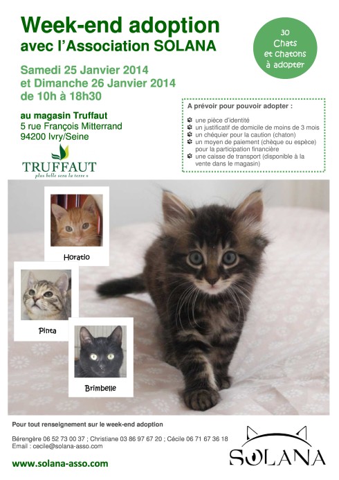 Week-end adoption les 25 et 26 Janvier 2014 à Truffaut Ivry/Seine